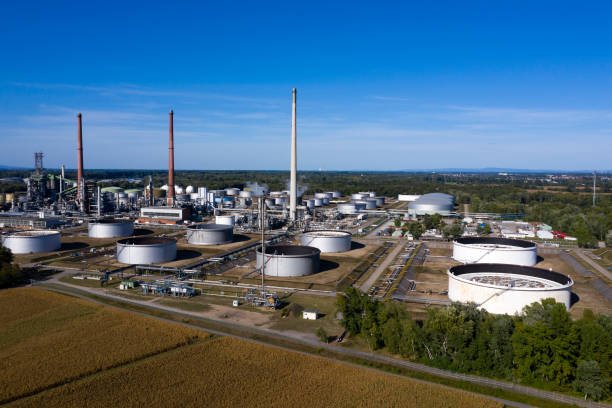 Oil refinery and petrochemical plant, aerial view