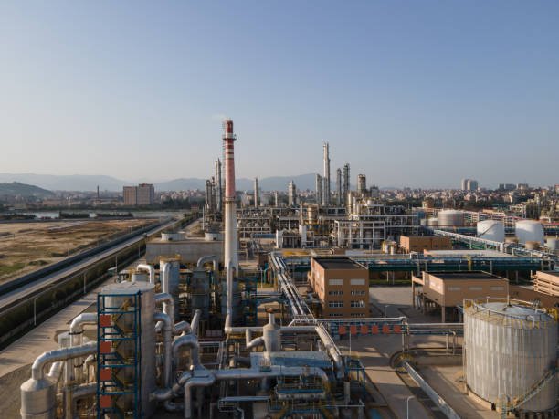 Aerial view of the pipes and chimneys of the chemical plant