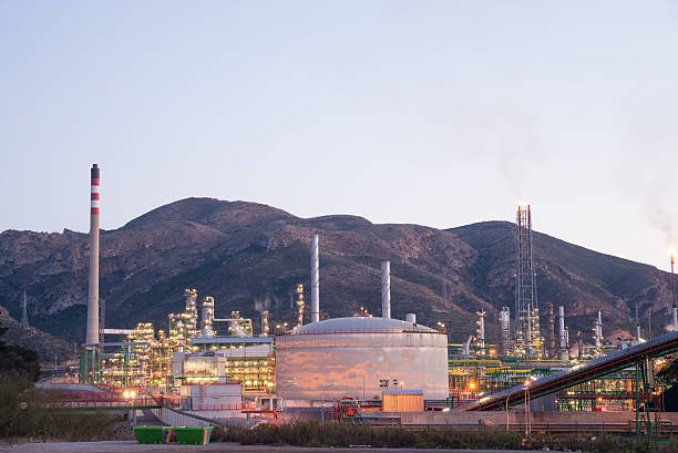 View of a large petrochemical facility at dusk